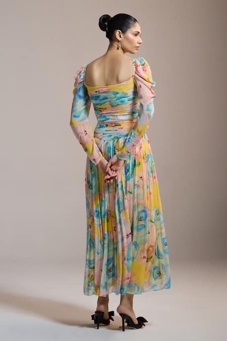 Shop The Iaso Yellow Chiffon Square Neck Watercolor Floral Dress at Aza Fashions Shop_The Iaso_Yellow Chiffon Square Neck Watercolor Floral Dress _at_Aza_Fashions