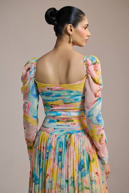 The Iaso Yellow Chiffon Square Neck Watercolor Floral Dress Online at Aza Fashions The Iaso_Yellow Chiffon Square Neck Watercolor Floral Dress _Online_at_Aza_Fashions