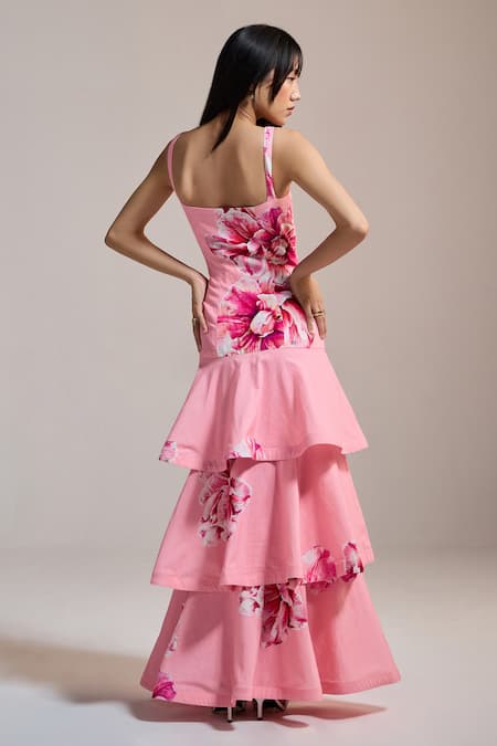 Shop_The Iaso_Pink Square Neck Peony Cascade Dress _at_Aza_Fashions