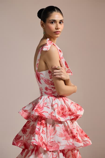 The Iaso_White Square Neck Rose Ruffle Tiered Dress _Online_at_Aza_Fashions