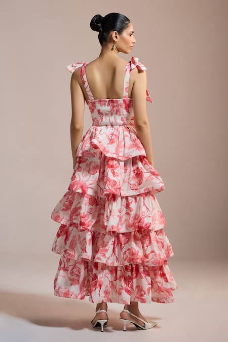 Shop_The Iaso_White Square Neck Rose Ruffle Tiered Dress _at_Aza_Fashions