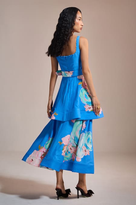 Shop The Iaso Blue Square Neck Floral Belted Asymmetrical Dress at Aza Fashions Shop_The Iaso_Blue Square Neck Floral Belted Asymmetrical Dress _at_Aza_Fashions