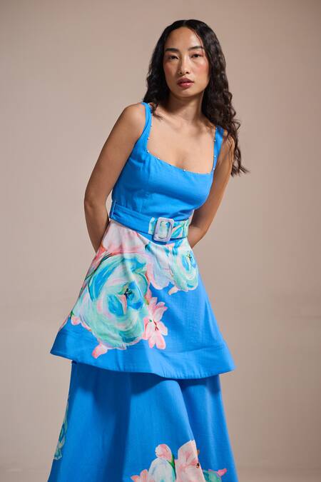 The Iaso Blue Square Neck Floral Belted Asymmetrical Dress Online at Aza Fashions The Iaso_Blue Square Neck Floral Belted Asymmetrical Dress _Online_at_Aza_Fashions