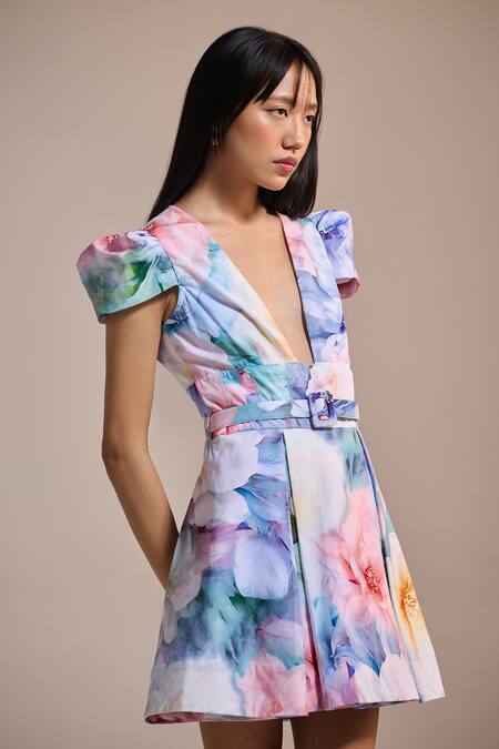 The Iaso Pink Poplin V-neck Watercolor Garden Mini Dress Online at Aza Fashions The Iaso_Pink Poplin V-neck Watercolor Garden Mini Dress _Online_at_Aza_Fashions