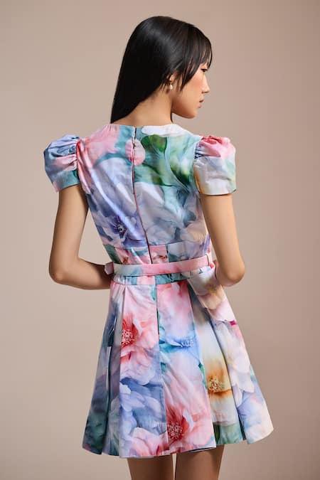 Shop The Iaso Pink Poplin V-neck Watercolor Garden Mini Dress at Aza Fashions Shop_The Iaso_Pink Poplin V-neck Watercolor Garden Mini Dress _at_Aza_Fashions