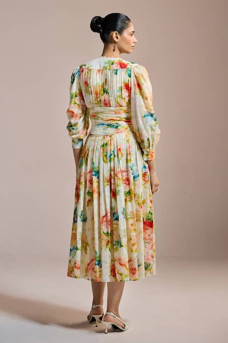 Shop The Iaso Yellow Plunge Neck Garden Bloom Pleated Midi Dress at Aza Fashions Shop_The Iaso_Yellow Plunge Neck Garden Bloom Pleated Midi Dress _at_Aza_Fashions