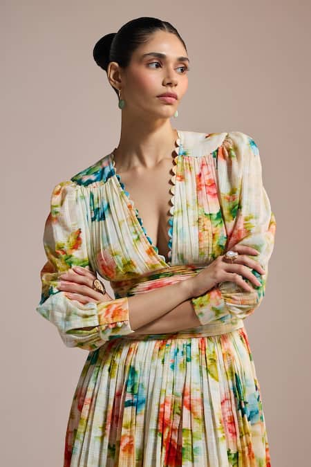 The Iaso Yellow Plunge Neck Garden Bloom Pleated Midi Dress Online at Aza Fashions The Iaso_Yellow Plunge Neck Garden Bloom Pleated Midi Dress _Online_at_Aza_Fashions