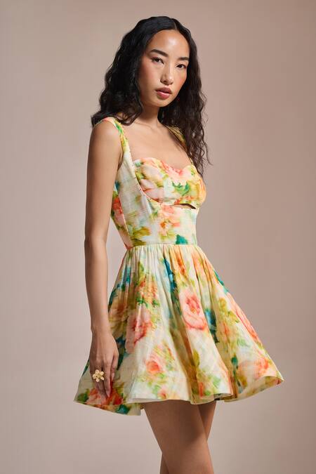 The Iaso_Yellow Cotton, Jacquard Embroidery Sweetheart Neck Floral Whirl Mini Dress _Online_at_Aza_Fashions