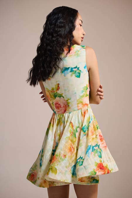 Shop_The Iaso_Yellow Cotton, Jacquard Embroidery Sweetheart Neck Floral Whirl Mini Dress _at_Aza_Fashions