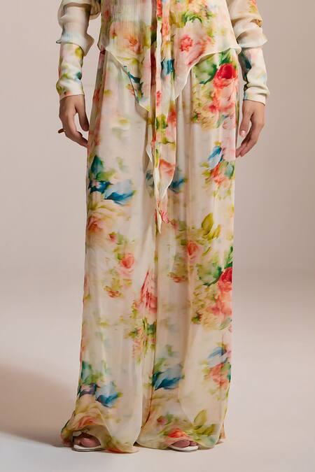 The Iaso Yellow Chiffon Watercolor Garden Wide-leg Pants Online at Aza Fashions The Iaso_Yellow Chiffon Watercolor Garden Wide-leg Pants _Online_at_Aza_Fashions