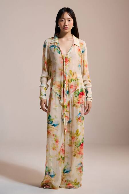 The Iaso Yellow Chiffon Collared Watercolor Garden Sheer Shirt Online at Aza Fashions The Iaso_Yellow Chiffon Collared Watercolor Garden Sheer Shirt _Online_at_Aza_Fashions