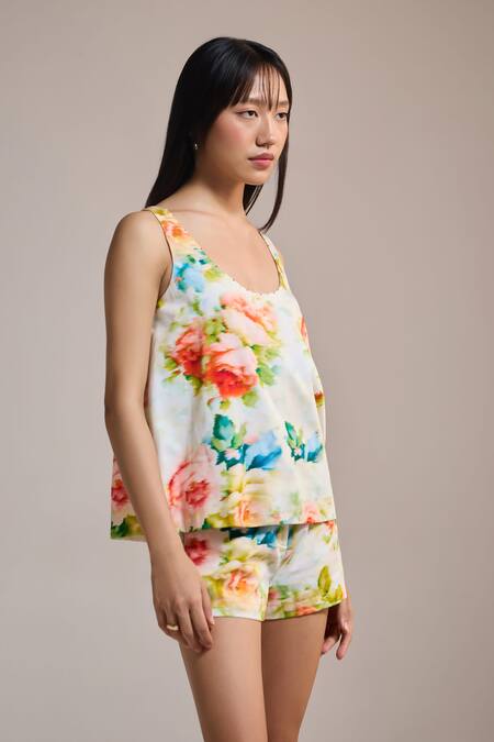 The Iaso_Yellow Scoop Neck Watercolor Bloom Sleeveless Top _Online_at_Aza_Fashions