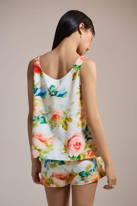Shop_The Iaso_Yellow Scoop Neck Watercolor Bloom Sleeveless Top _at_Aza_Fashions