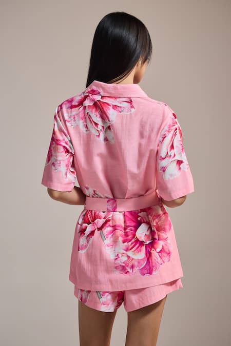 Shop_The Iaso_Pink Collared Tropicana Bloom Printed Shirt With Belt _at_Aza_Fashions