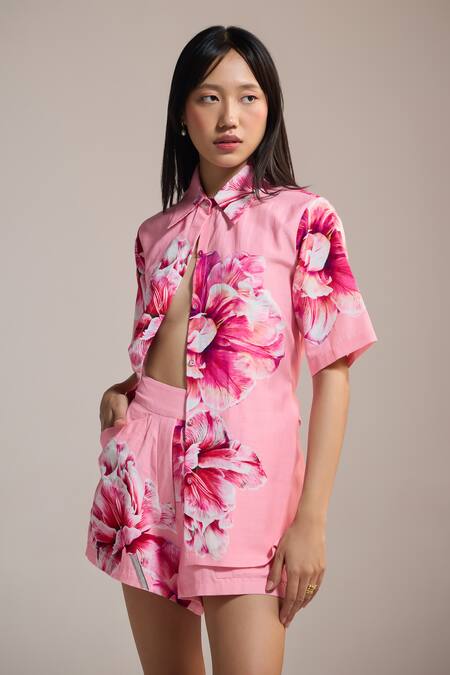 Buy_The Iaso_Pink Collared Tropicana Bloom Printed Shirt With Belt _Online_at_Aza_Fashions