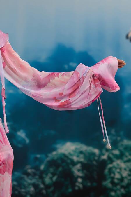 The Iaso_Pink Chiffon V-neck Sheer Ruffle Dress _Online_at_Aza_Fashions