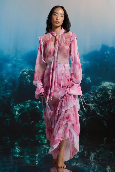 THE IASO Pink Chiffon V-neck Sheer Ruffle Dress 