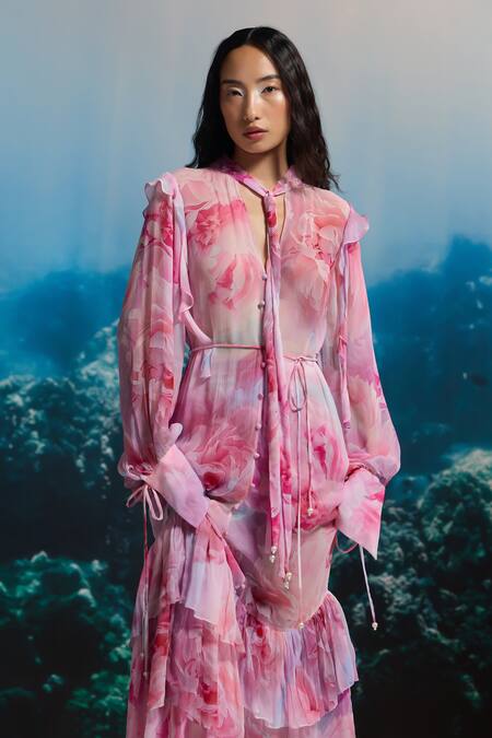 Buy_The Iaso_Pink Chiffon V-neck Sheer Ruffle Dress _Online_at_Aza_Fashions