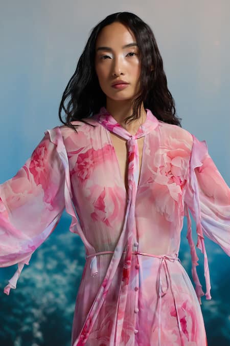 Shop_The Iaso_Pink Chiffon V-neck Sheer Ruffle Dress _Online_at_Aza_Fashions