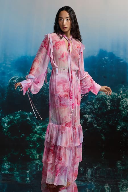 The Iaso_Pink Chiffon V-neck Sheer Ruffle Dress _at_Aza_Fashions