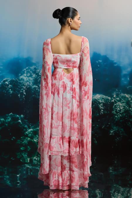 Shop_The Iaso_White Chiffon Beads Square Neck Ocean Bloom Maxi Dress _at_Aza_Fashions