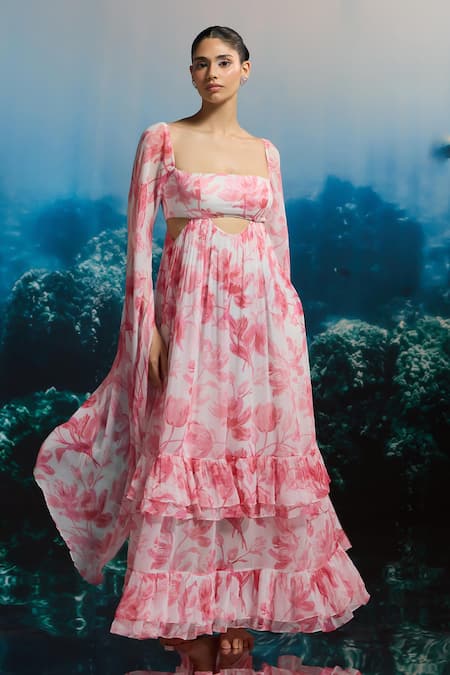 THE IASO White Chiffon Beads Square Neck Ocean Bloom Maxi Dress