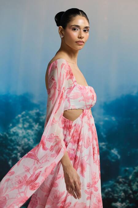 The Iaso_White Chiffon Beads Square Neck Ocean Bloom Maxi Dress _Online_at_Aza_Fashions