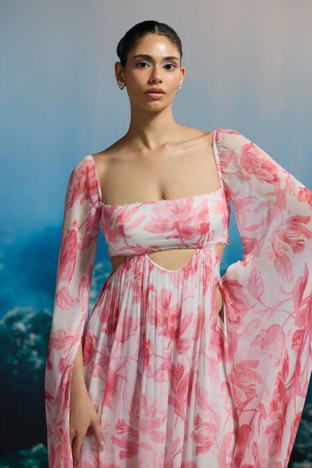 Buy_The Iaso_White Chiffon Beads Square Neck Ocean Bloom Maxi Dress _Online_at_Aza_Fashions