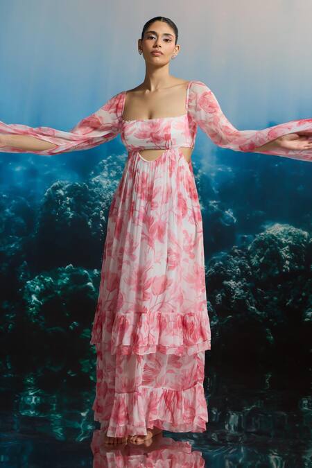 Shop_The Iaso_White Chiffon Beads Square Neck Ocean Bloom Maxi Dress _Online_at_Aza_Fashions