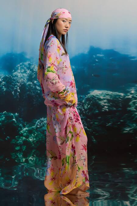 The Iaso_Pink Organza Round Neck Floral Print Top _Online_at_Aza_Fashions