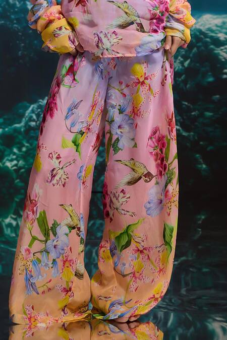Buy_The Iaso_Pink Organza Pastel Floral Print Pants _Online_at_Aza_Fashions