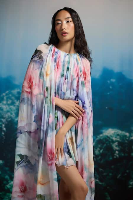 The Iaso_Multi Color Beads Multicolor Iridescent Bloom Cape Dress _Online_at_Aza_Fashions