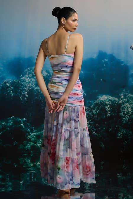 Shop The Iaso Multi Color Chiffon Sweetheart Neck Ocean Bloom Ruched Maxi Dress at Aza Fashions Shop_The Iaso_Multi Color Chiffon Sweetheart Neck Ocean Bloom Ruched Maxi Dress _at_Aza_Fashions