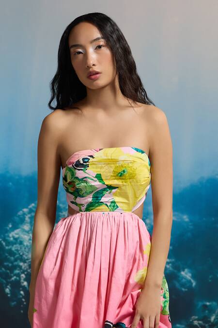 The Iaso_Pink Cotton Satin Sweetheart Neck Hibiscus Sunset Strapless Dress _Online_at_Aza_Fashions