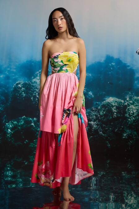 Buy_The Iaso_Pink Cotton Satin Sweetheart Neck Hibiscus Sunset Strapless Dress _Online_at_Aza_Fashions