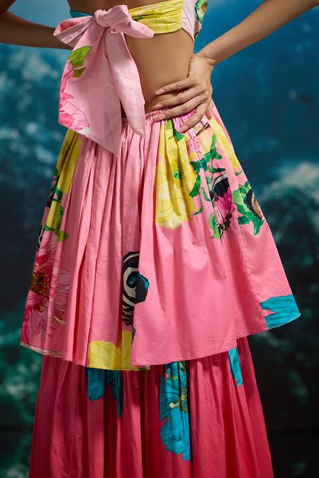 Shop_The Iaso_Pink Cotton Satin Sweetheart Neck Hibiscus Sunset Strapless Dress _Online_at_Aza_Fashions