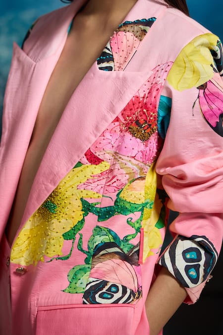 Buy_The Iaso_Pink Cotton Satin Beads Floral Monarch Blazer _Online_at_Aza_Fashions