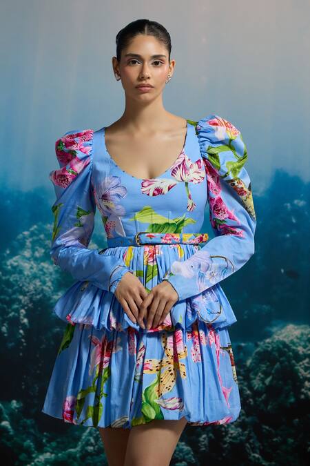 The Iaso_Blue Cotton Satin Beads Scoop Neck Puff Sleeve Tiered Mini Dress _Online_at_Aza_Fashions