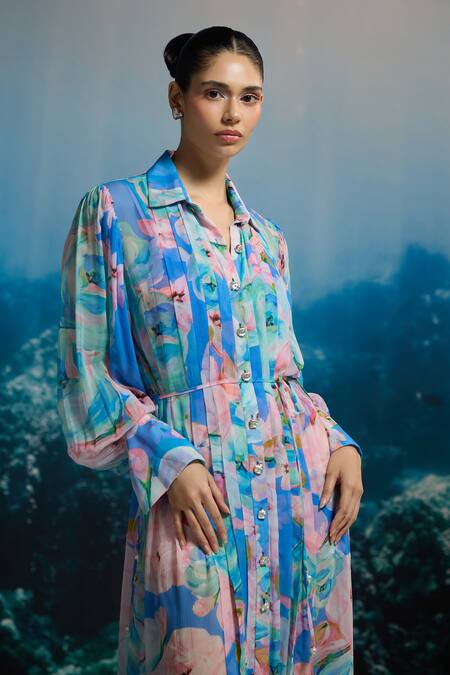 The Iaso_Blue Chiffon Collared Ocean Bloom Maxi Shirt Dress _Online_at_Aza_Fashions