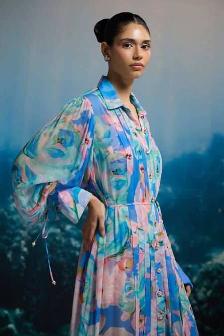 Buy_The Iaso_Blue Chiffon Collared Ocean Bloom Maxi Shirt Dress _Online_at_Aza_Fashions