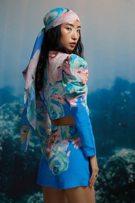 Buy_The Iaso_Blue Ocean Bloom High-waist Shorts _Online_at_Aza_Fashions