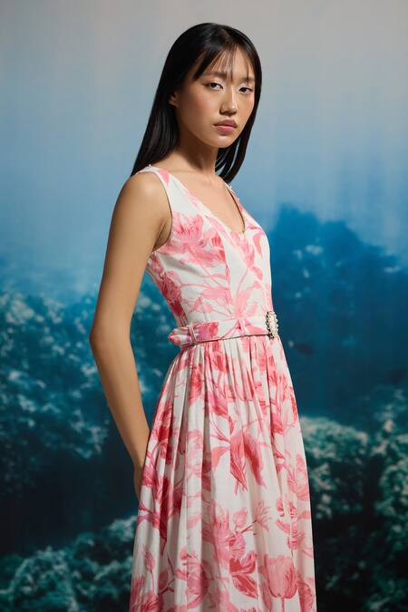 The Iaso_White Beads Scoop Neck Coral Bloom Belted Midi Dress _Online_at_Aza_Fashions