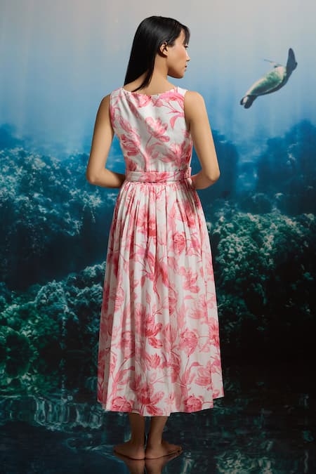 The Iaso Coral Bloom Belted Midi Dress 