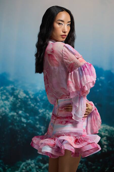 The Iaso_Pink Chiffon Open Neck Petal Ruffle Shirt _Online_at_Aza_Fashions