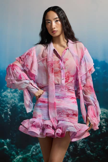 Buy_The Iaso_Pink Chiffon Open Neck Petal Ruffle Shirt _Online_at_Aza_Fashions
