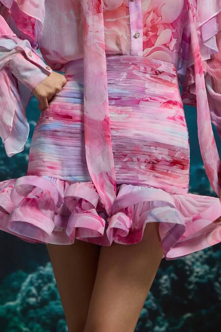 Buy_The Iaso_Pink Chiffon Blush Reef Mini Skirt _Online_at_Aza_Fashions