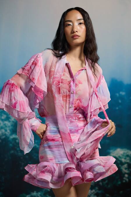 Shop_The Iaso_Pink Chiffon Blush Reef Mini Skirt _Online_at_Aza_Fashions