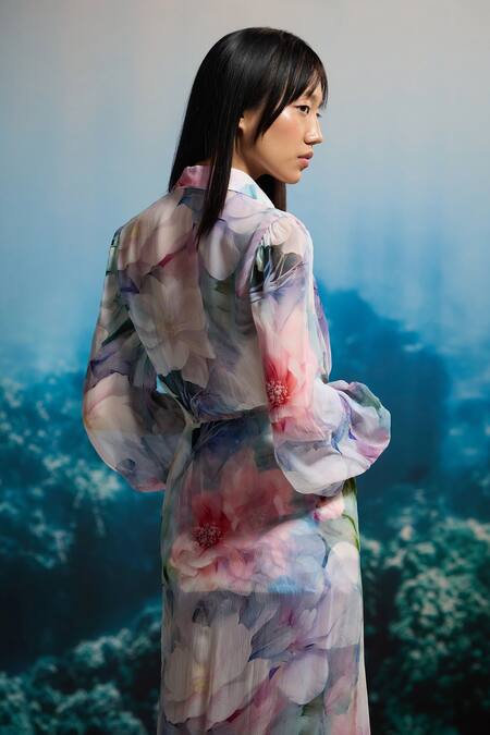 Buy_The Iaso_Chiffon Collared Ocean Bloom Shirt Dress _Online_at_Aza_Fashions