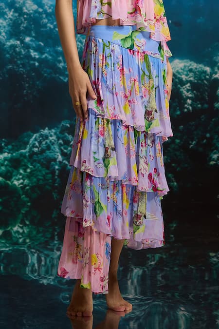 The Iaso Blue Chiffon Ocean Garden Tiered Skirt Online at Aza Fashions The Iaso_Blue Chiffon Ocean Garden Tiered Skirt _Online_at_Aza_Fashions