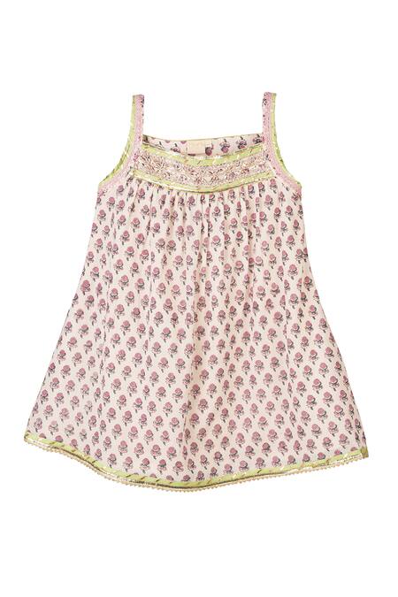 Minime Organics_Cream Cotton Gota Patti Block Printed A-line Kurta And Sharara Set _Online_at_Aza_Fashions